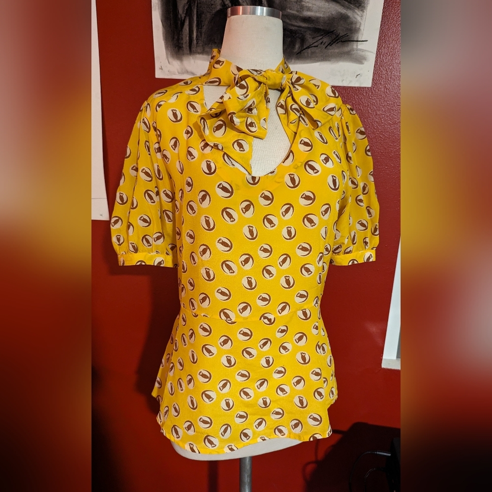 Anthropologie, Girls From Savoy silk Yellow Tie Neck Owl Print, sz 8